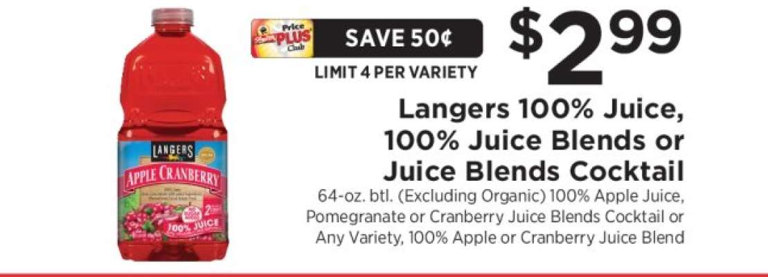 Langers 100% Juice, 100% Juice Blends or Juice Blends Cocktail