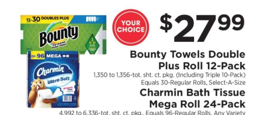 Bounty Towels Double Plus Roll 12-Pack / Charmin Bath Tissue Mega Roll 24-Pack