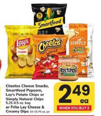 Cheetos Cheese Snacks, Smartfood Popcorn, Lay's Potato Chips or Simply Natural Chips
