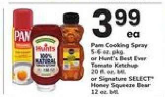 Pan Cooking Spray, Hunt's Best Ever Tomato Ketchup, Signature SELECT Honey Squeeze Bear
