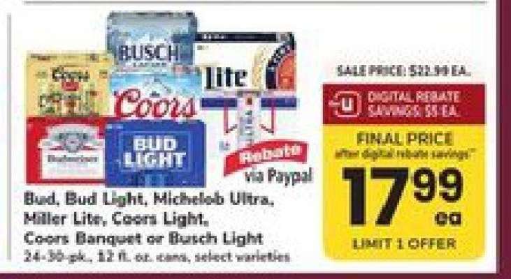 Bud, Bud Light, Michelob Ultra, Miller Lite, Coors Light, Coors Banquet or Busch Light