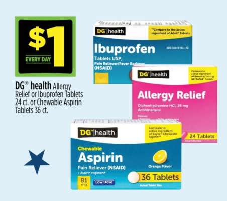 DG health Allergy Relief or Ibuprofen Tablets 24 ct. or Chewable Aspirin Tablets 36 ct.