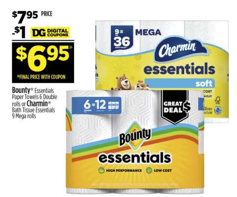 Bounty Essentials Paper Towels 6 Double rolls or Charmin Bath Tissue Essentials 9 Mega rolls
