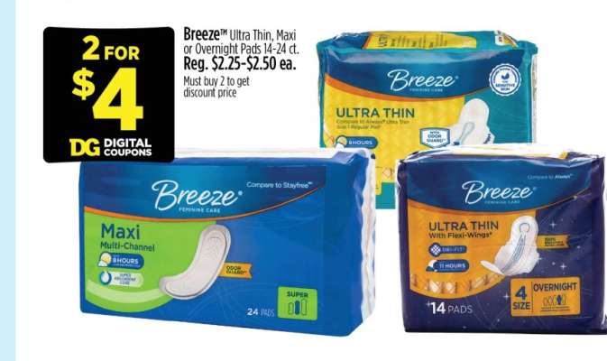 Breeze Ultra Thin, Maxi or Overnight Pads 14-24 ct.
