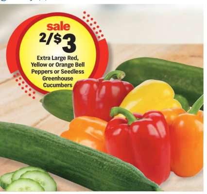 Extra Large Red, Yellow or Orange Bell Peppers or Seedless Greenhouse Cucumbers