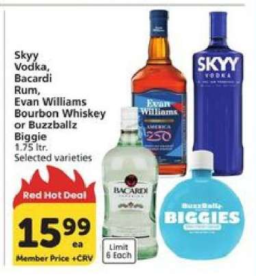 Skyy Vodka, Bacardi Rum, Evan Williams Bourbon Whiskey or Buzzballz Biggie