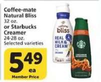 Coffee-Mate Natural Bliss or Starbucks Creamer