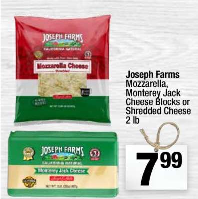 Joseph Farms Mozzarella, Monterey Jack Cheese Blocks or Shredded Cheese