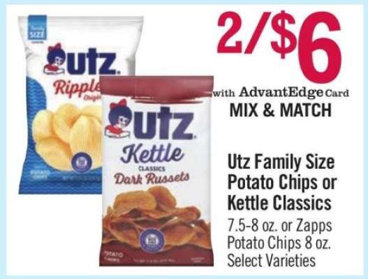 Utz Family Size Potato Chips or Kettle Classics