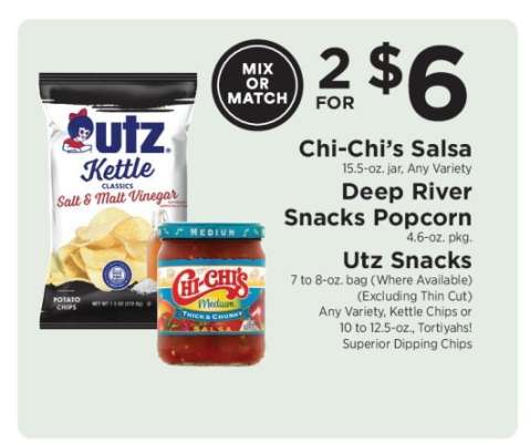 Chi-Chi’s Salsa, Deep River Snacks Popcorn, Utz Snacks