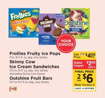 Frollies Fruity Ice Pops, Skinny Cow Ice Cream Sandwiches, Outshine Fruit Bars