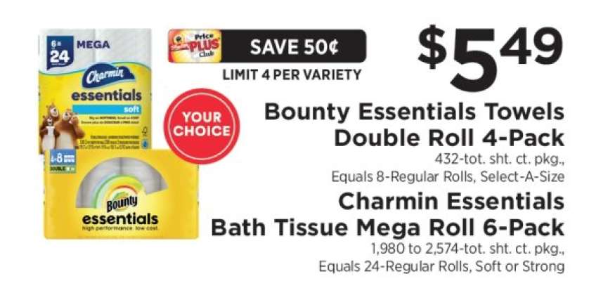 Bounty Essentials Towels Double Roll 4-Pack / Charmin Essentials Bath Tissue Mega Roll 6-Pack