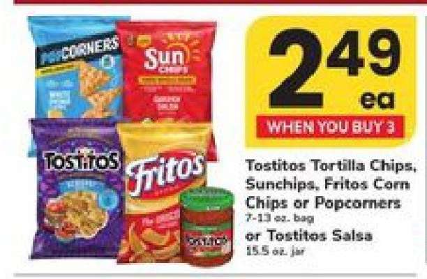 Tostitos Tortilla Chips, Sunchips, Fritos Corn Chips or Popcorners