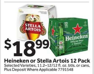 Heineken or Stella Artois 12 Pack