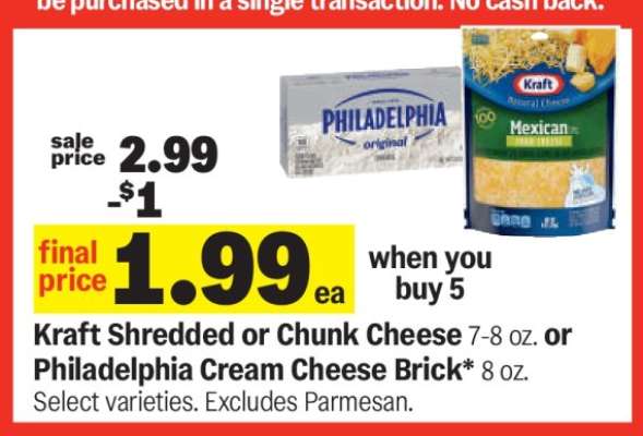 Kraft Shredded or Chunk Cheese or Philadelphia Cream Cheese Brick