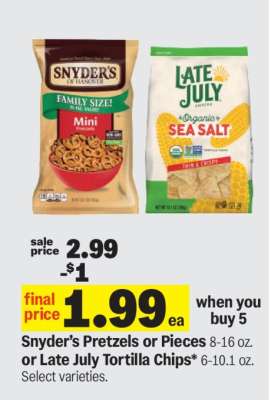 Snyder’s Pretzels or Pieces or Late July Tortilla Chips