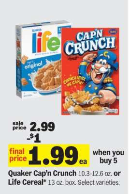 Quaker Cap'n Crunch or Life Cereal