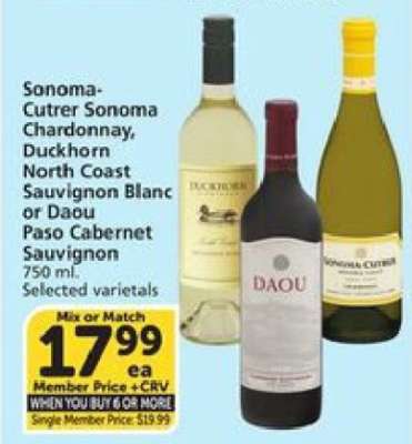 Sonoma-Cutrer Sonoma Chardonnay, Duckhorn North Coast Sauvignon Blanc or Daou Paso Cabernet Sauvignon