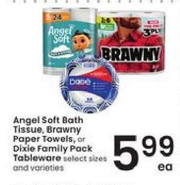 Angel Soft Bath Tissue, Brawny Paper Towels, or Dixie Family Pack Tableware