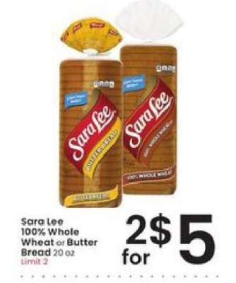 Sara Lee 100% Whole Wheat or Butter Bread