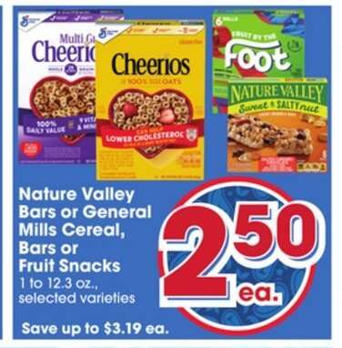 Nature Valley Bars or General Mills Cereal, Bars or Fruit Snacks