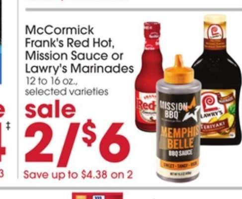 McCormick Frank's Red Hot, Mission Sauce or Lawry's Marinades