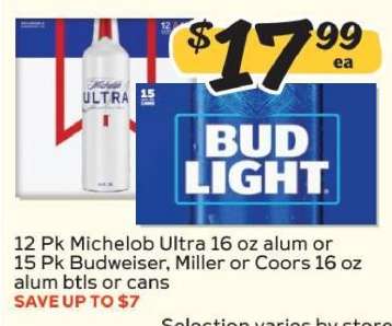 12 Pk Michelob Ultra 16 oz alum or 15 Pk Budweiser, Miller or Coors 16 oz alum btls or cans