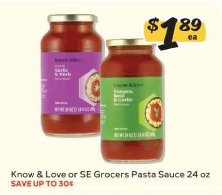 Know & Love or SE Grocers Pasta Sauce 24 oz
