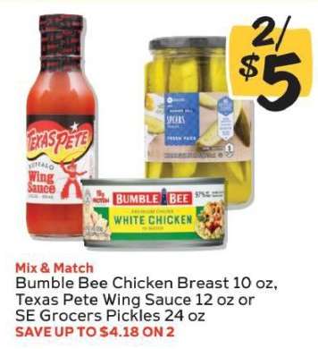 Bumble Bee Chicken Breast, Texas Pete Wing Sauce, SE Grocers Pickles