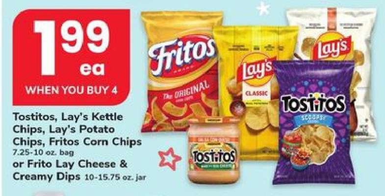 Tostitos, Lay's Kettle Chips, Lay's Potato Chips, Fritos Corn Chips or Frito Lay Cheese & Creamy Dips