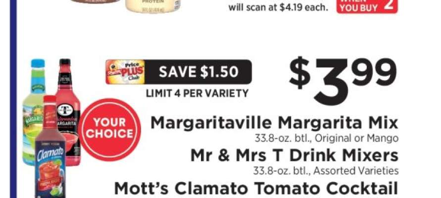 Margaritaville Margarita Mix, Mr & Mrs T Drink Mixers, Mott’s Clamato Tomato Cocktail