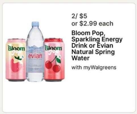 Bloom Pop, Sparkling Energy Drink or Evian Natural Spring Water