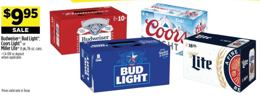 Budweiser®, Bud Light®, Coors Light® or Miller Lite®