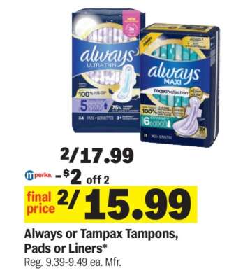 Always or Tampax Tampons, Pads or Liners