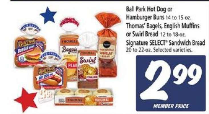 Ball Park Hot Dog or Hamburger Buns, Thomas' Bagels, English Muffins or Swirl Bread, Signature SELECT Sandwich Bread