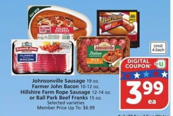 Johnsonville Sausage, Farmer John Bacon, Hillshire Farm Rope Sausage, Ball Park Beef Franks