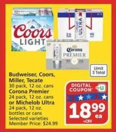 Budweiser, Coors, Miller, Tecate, Corona Premier, Michelob Ultra