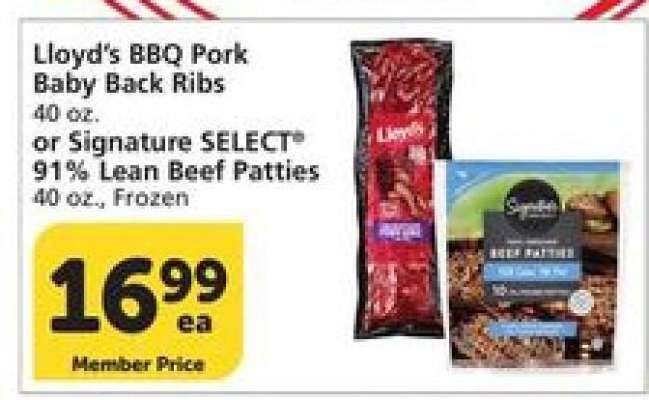 Lloyd's BBQ Pork Baby Back Ribs or Signature SELECT 91% Lean Beef Patties