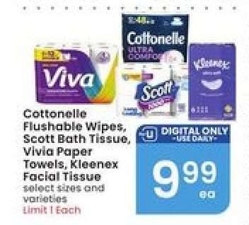 Cottonelle Flushable Wipes, Scott Bath Tissue, Viva Paper Towels, Kleenex Facial Tissue