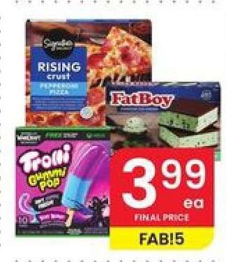 Signature Select Rising Crust Pepperoni Pizza, FatBoy Ice Cream Sandwiches, Trolli Gummi Pops