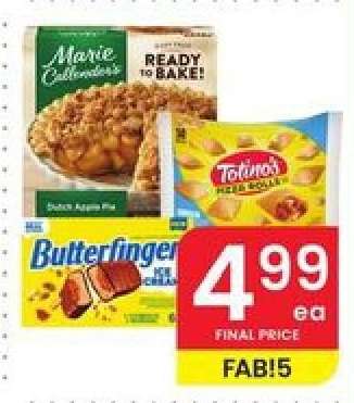 Marie Callender's Dutch Apple Pie, Totino's Pizza Rolls, Butterfinger Ice Cream