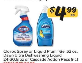 Clorox Spray or Liquid Plumr Gel, Dawn Ultra Dishwashing Liquid, Cascade Action Pacs