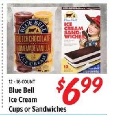 Blue Bell Ice Cream Cups or Sandwiches
