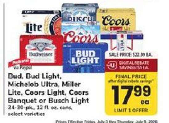 Bud, Bud Light, Michelob Ultra, Miller Lite, Coors Light, Coors Banquet or Busch Light