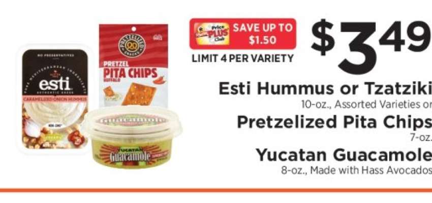 Esti Hummus or Tzatziki, Pretzelized Pita Chips, Yucatan Guacamole