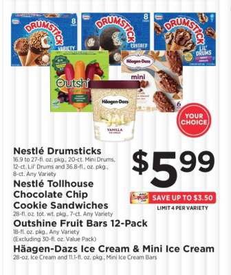 Nestlé Drumsticks, Nestlé Tollhouse Chocolate Chip Cookie Sandwiches, Outshine Fruit Bars 12-Pack, Häagen-Dazs Ice Cream & Mini Ice Cream