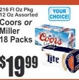 Coors or Miller 18 Packs