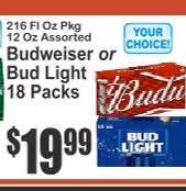 Budweiser or Bud Light 18 Packs
