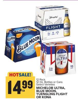 Michelob Ultra, Blue Moon, Yuengling Flight or Kona