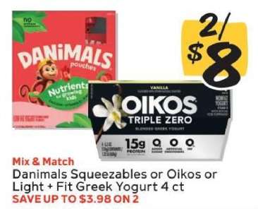 Danimals Squeezables or Oikos or Light + Fit Greek Yogurt 4 ct